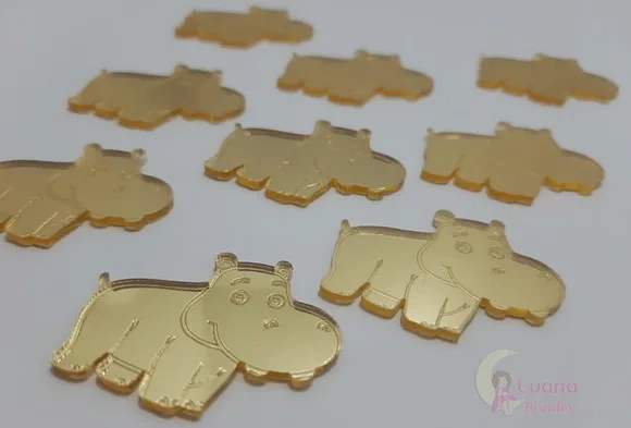 Aplique Hipopótamo Acrílico Espelhado Dourado -pct c/7 un