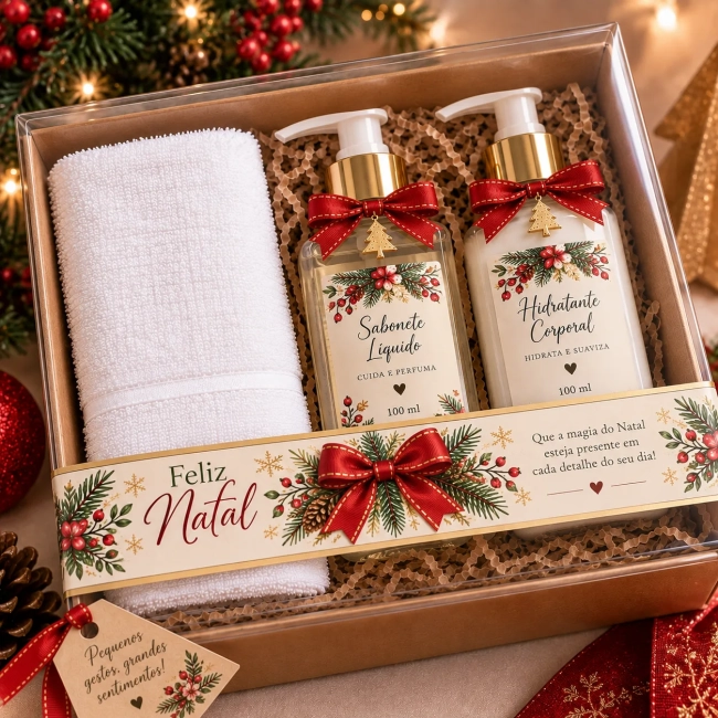 Kit Presente de Natal com Sabonete Líquido, Hidratante e Toalhinha