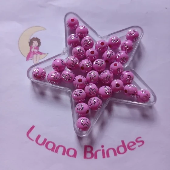 Bolinha Rosa com Cruz Prata 8mm Pct 100 Unidades