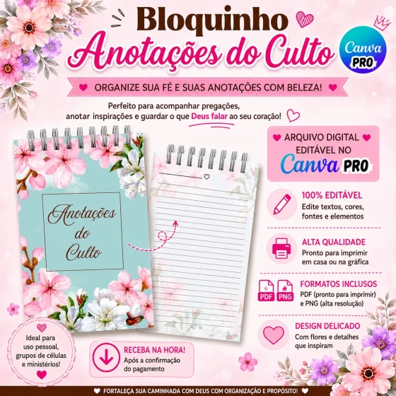 Arquivo Editável no Canva Pro - Bloquinho de Anotações de Culto