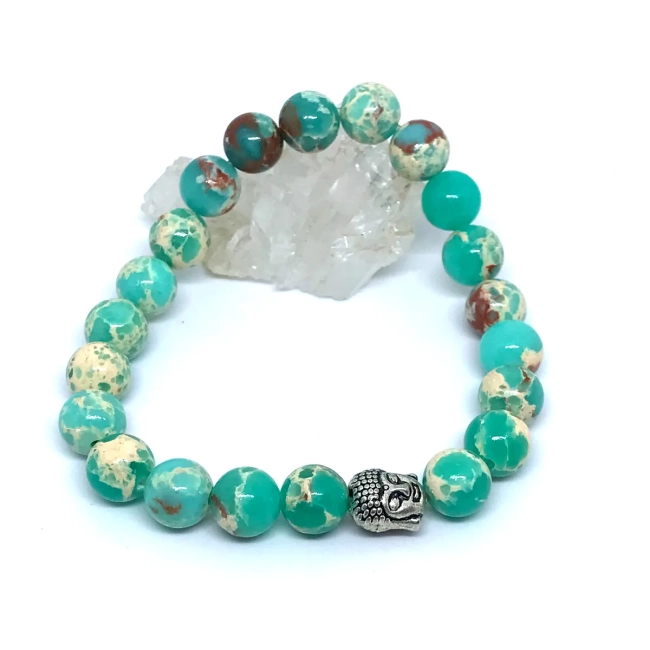 Pulseira em Pedras Jaspe Imperial Verde Agua com entremeio Buda prateado