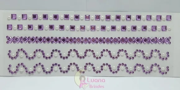 Cartela Adesiva c/ Strass e Meia Pérola Roxo e Branco- 2 uni