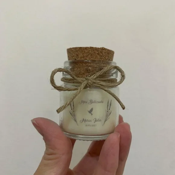 Lembrança Batizado Vela Aromática Vidro c/ Rolha e Sisal