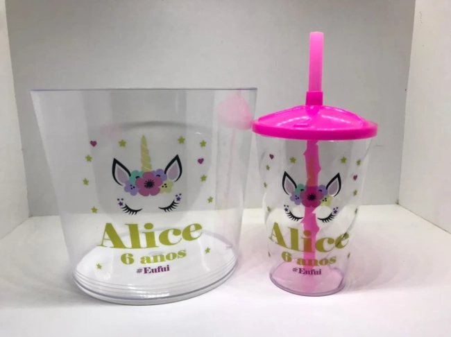 Kit Balde de Pipoca acrilico + Copo twister Personalizado do Unicórnio