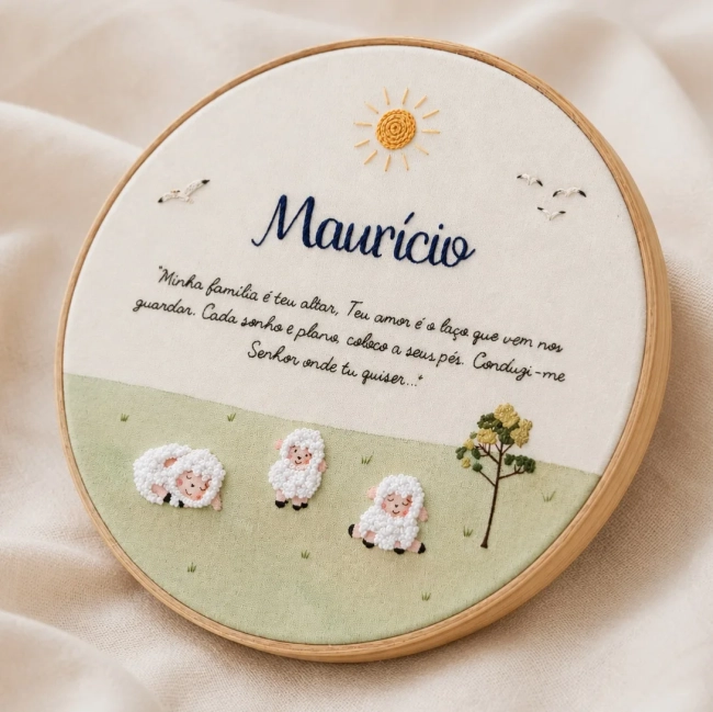 Porta Maternidade Ovelhinhas com Nome e Frase | Bordado à Mão e Aquarela