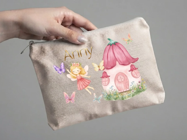 Lembrancinha Nécessaire Personalizada Algodão Cru 20x15 Estampa DTF Fada Rosa