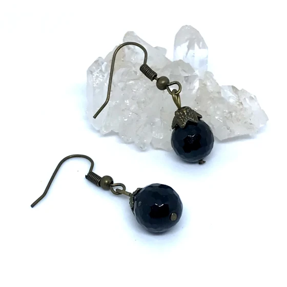 Brinco Ouro Velho Pedra Natural Ágata Negra Facetada