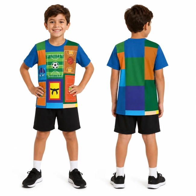 Camiseta Infantil Esportes Colorida – Futebol, Basquete, Vôlei, Natação, Tênis e Judô