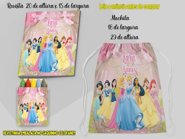 Kit Lembrancinhas Mochila e Revista de Colorir das Princesas Disney