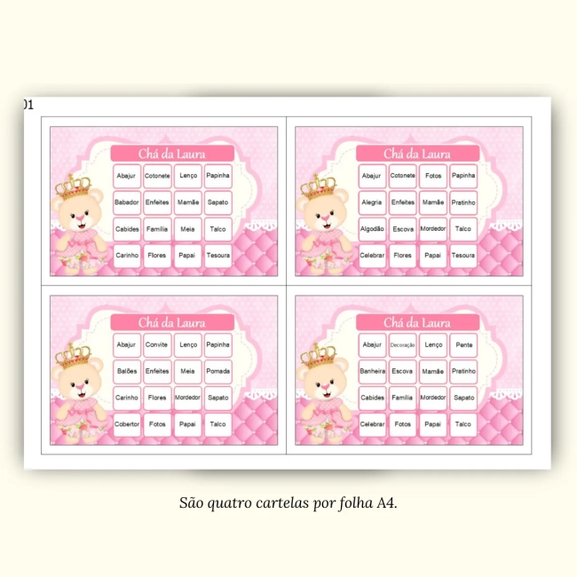 Bingo Chá de Bebê Menina Pdf Para Imprimir