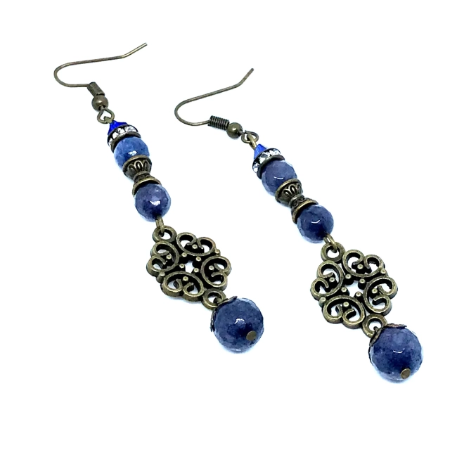 Brinco Vintage Jade Azul Safira Facetada com Gancho Ouro Velho