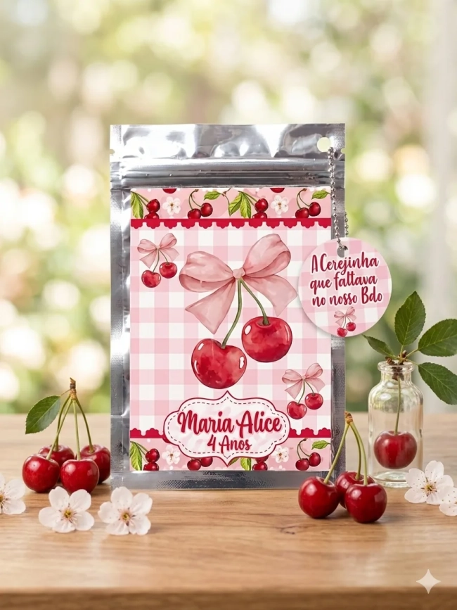 Saquinho Metalizado ziplock cerejinha lembrancinhas festa aniversario infantil Personalizado