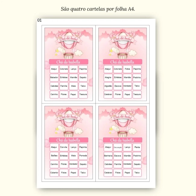 Bingo Chá de Bebê Menina Pdf Para Imprimir