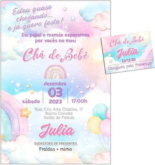 Convite Digital C/tag Chá de Bebê Nuvem Menina