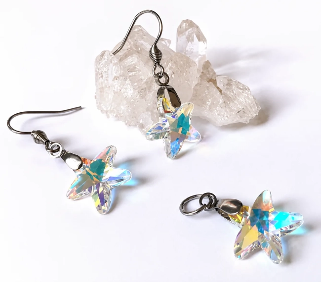 Conjunto Brinco e Pingente estrela do mar de Cristal Aço Inox Hipoalergênico
