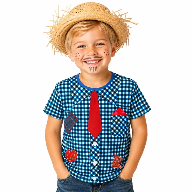 Camiseta Infantil Masculina Festa Junina Estampa Xadrez com Gravata e Retalhos