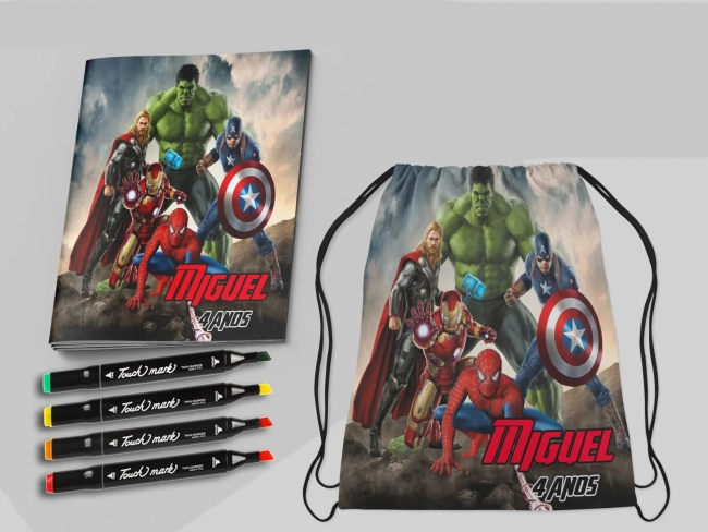 Kit Mochila e Revista de colorir com Canetinhas dos Vingadores
