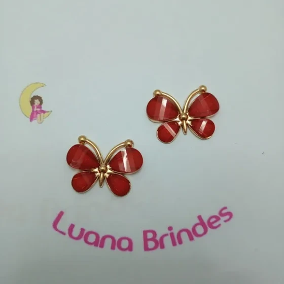 Borboleta Aplique Vermelha Metal Dourado 2,5cm Pct 2 unidade