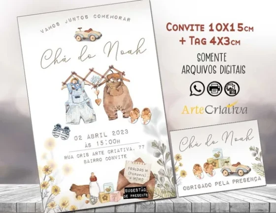 Convite Digital C/tag Chá de Bebê Menino Roupinha Boho