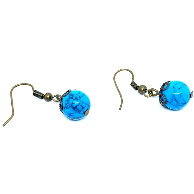 Brinco Vintage Ouro Velho Esfera Turquesa Reconstituída 10mm