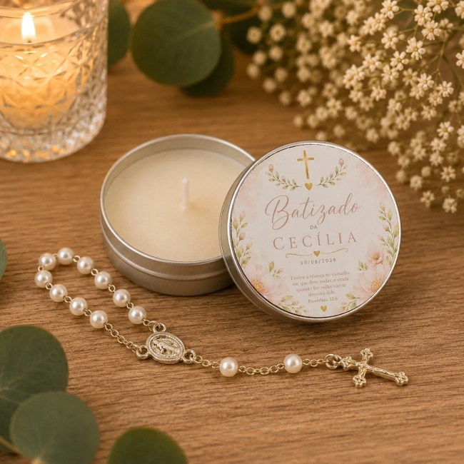 30 Unidades de Lembrancinha Batizado Vela Aromática na Latinha com Terço e Saco do Organza - Trabalhamos com qualquer tema - Informar o tema no chat