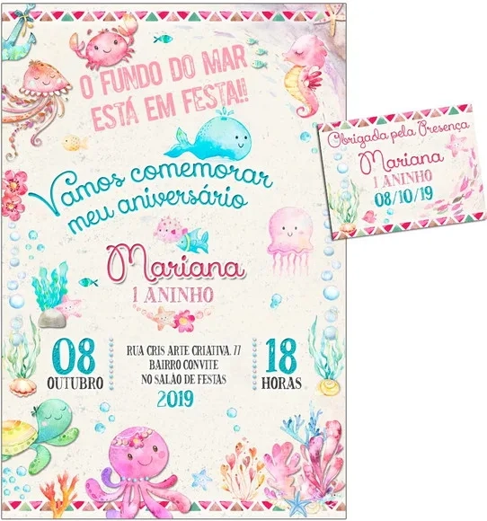CONVITE DIGITAL C/TAG Fundo do Mar Aquarela Menina