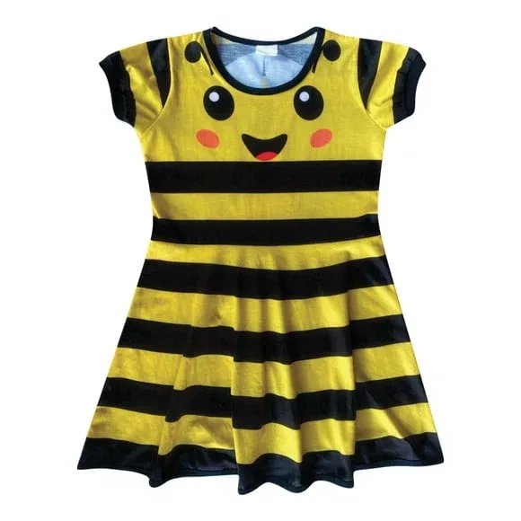 Vestido Infantil Fantasia Abelhinha Listrado Amarelo e Preto com Carinha