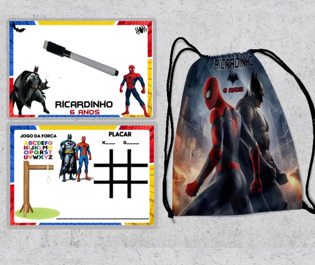 Kit Mochila e Lousa Magica para lembrancinhas Batman x Homem Aranha