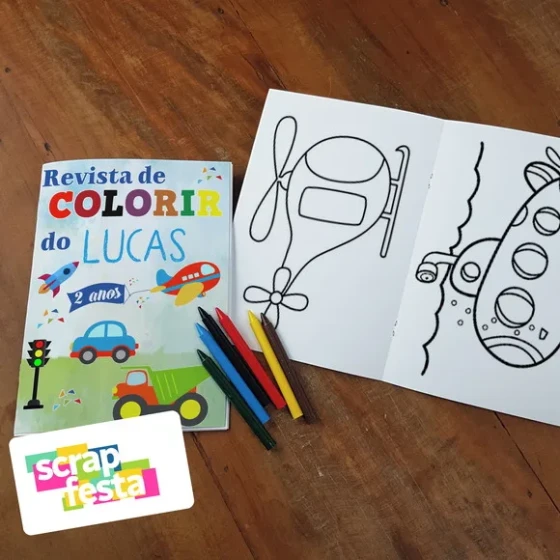 Revista Colorir + Giz de Cera Festa Meios de Transporte