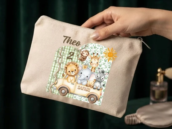 Lembrancinha Nécessaire Personalizada Algodão Cru 20x15 Estampa DTF Safari Baby
