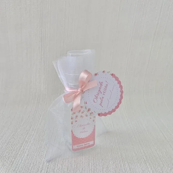 Lembrancinha Maternidade Home Spray floral rosa Organza