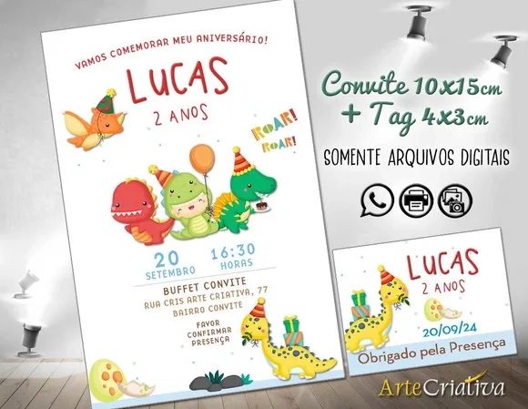 Convite Digital C/tag Dinossauro Cute 7