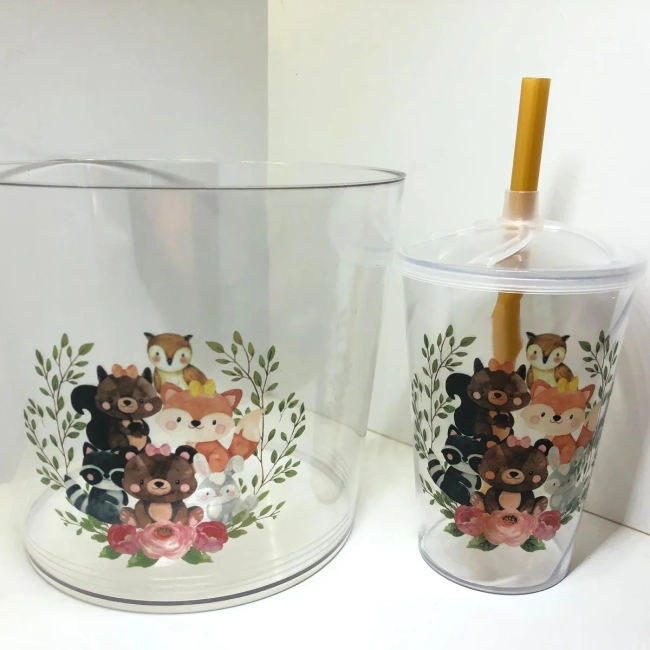 Kit Balde de Pipoca acrilico + Copo twister Personalizado Bosque Encantado