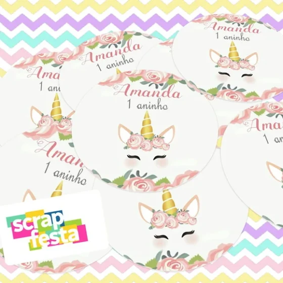 Adesivo 5 cm Redondo Personalizado Festa Unicórnio