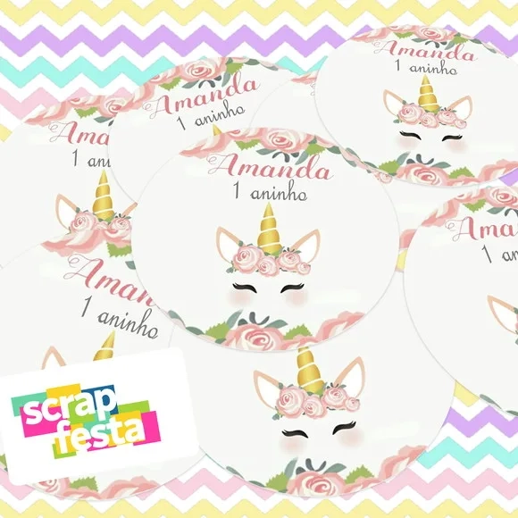 Adesivo 5 cm Redondo Personalizado Festa Unicórnio