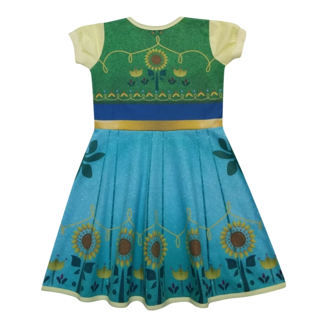 Vestido Infantil Fantasia Princesa da Primavera Azul com Girassóis e Colete Verde