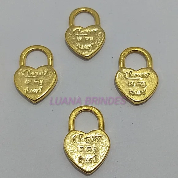 Pingente Cadeado de coração em Metal Dourado - pct c/ 7 unid