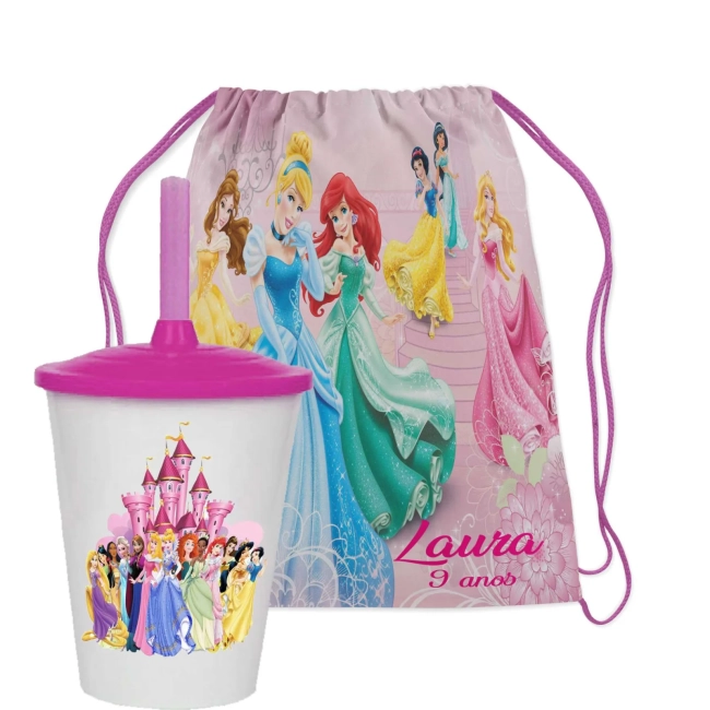 Kit Mochila e Copo Twister personalizado das Princesas