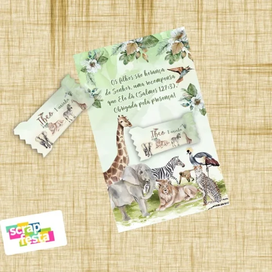 Card com Bala Personalizada Festa Safari Realista Aquarela