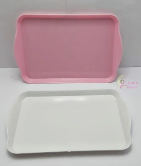 Bandejas pequenas Rosa e Branca de plástico-20cm-pct c/2 uni