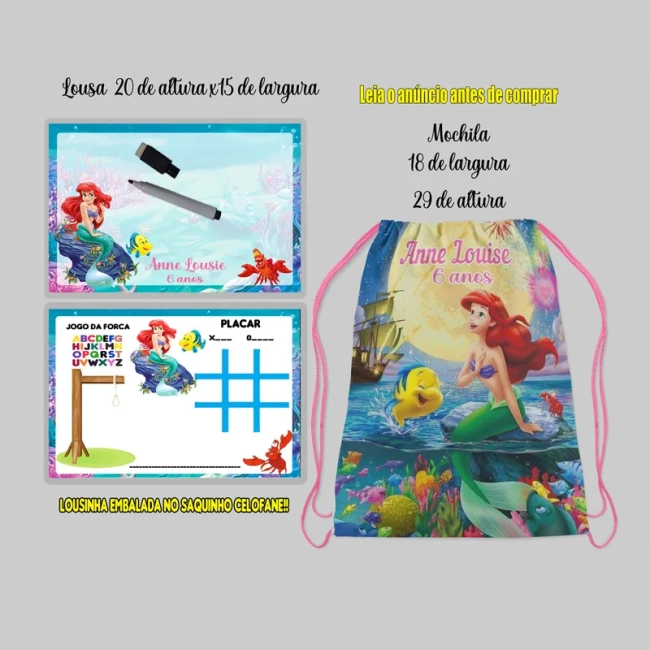 Kit Mochilinha e Lousa Magica lembrancinhas da Sereia Ariel