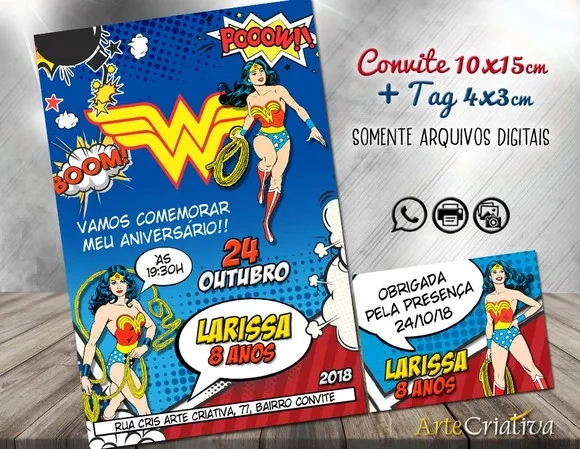 CONVITE DIGITAL C/TAG Cartoon Mulher Maravilha