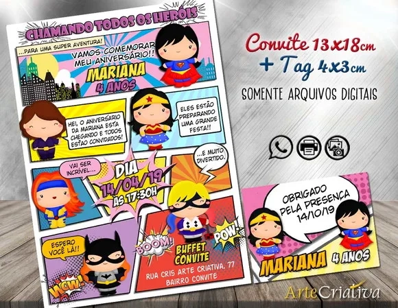 CONVITE DIGITAL C/TAG Heroinas Cute Gibi 3