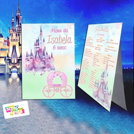 Menu Cardápio Cavalete Festa Princesas Aquarela