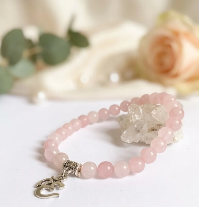 Pulseira Japamala 27 Contas Quartzo Rosa 6mm - Pingente à Escolha