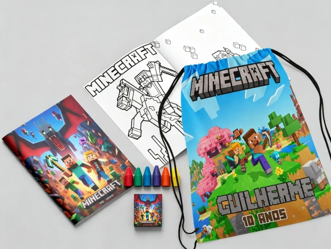 Kit Mochila e Revista de colorir para lembrancinha do Minecraft
