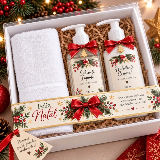 Kit Presente de Natal com Sabonete Líquido, Hidratante e Toalhinha