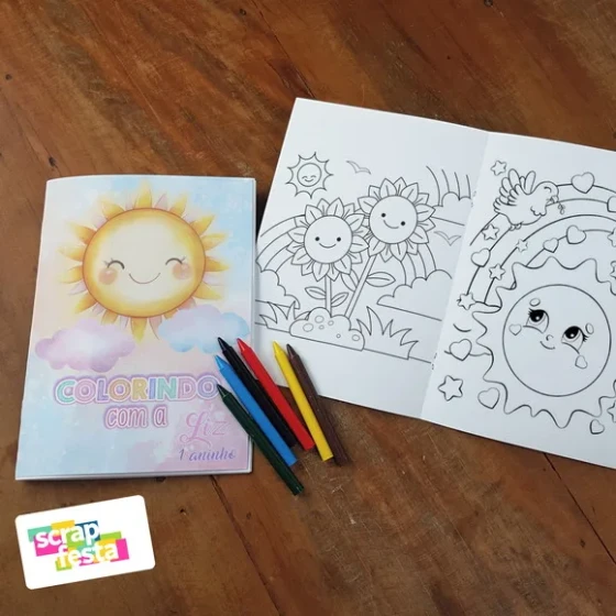 Revista Colorir + Giz de Cera Festa Primeira Volta ao Sol